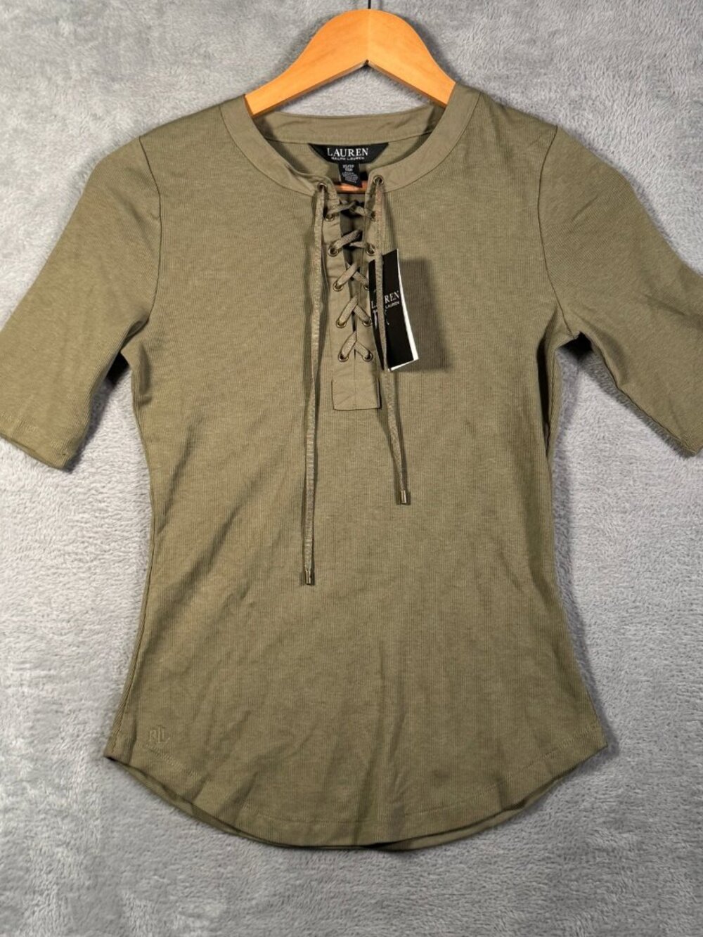 Lauren Ralph Lauren Lace Up Top Womens XS Green Ribbed Elbow Sleeve Tee $100